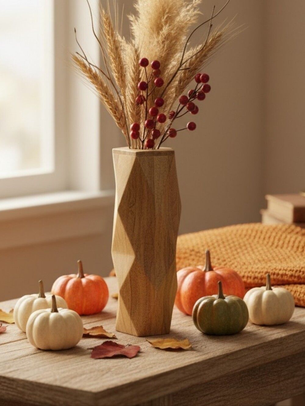 Geometric Handcrafted Natural Wood Vase - Brown